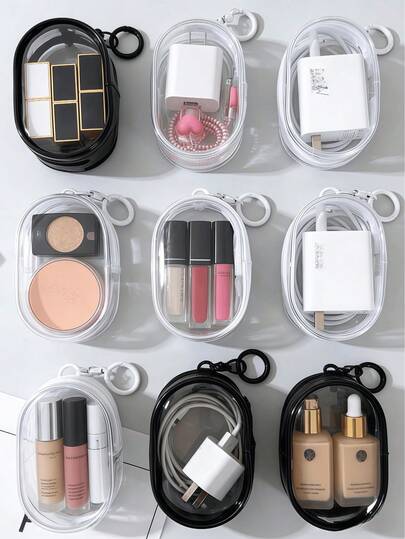 1个便携式迷你透明拉链收纳袋，多功能透明整理袋，可用于收纳耳机、充电器、珠宝、钥匙、旅行必备品、化妆包、桌面收纳，防水收纳袋，随机拉链款式