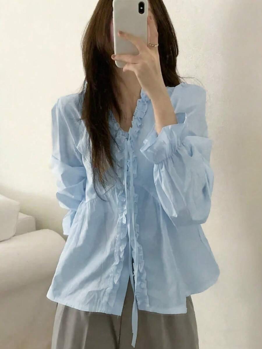 韩式柔和抗衰老时尚荷叶边V领蝴蝶结长袖独特上衣 春季 - 淺藍色 - 查看 1