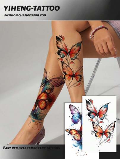 2pcs Fashionable Butterfly & Flower Design Temporary Tattoos, Floral & Butterfly Pattern Fake Tattoos, Unisex Body Art Stickers Waterproof & Sweatproof, Suitable For Arms, Hands, Abdomen & Feet, 7-14 Days Lasting, Beach Party DIY Gift