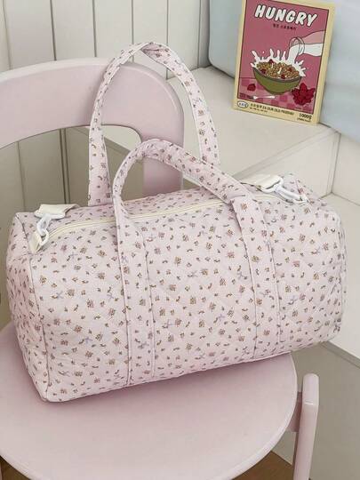 碎花绗缝大容量旅行手提包，大容量行李包，轻便手提包，周末短途旅行收纳包，轻便可水洗妈妈孕妇包，带可拆卸肩带，适合装上学用品、学习用品等，休闲手提包（不含挂饰），旅行配件