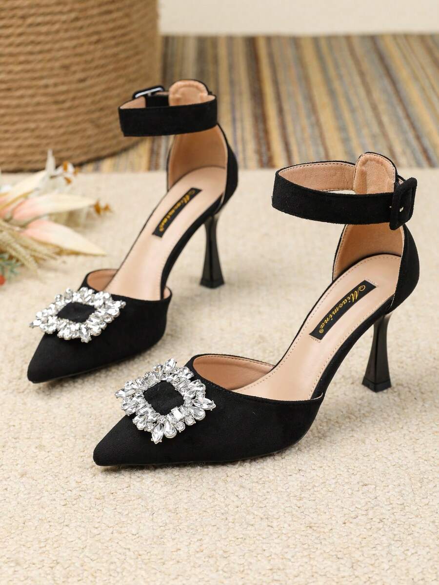 Black Crystal Stiletto High Heel Sandals, Versatile Elegant Pumps For Casual, Commute, Office, Nightclub, Wedding, Outdoor, Suitable For Spring/Summer - Black - View 1