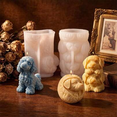 3D狗狗硅胶蜡烛模具，可爱小狗造型蜡烛制作套装，适用于DIY蜡烛、肥皂、树脂艺术品、家居装饰（包含贵宾犬、叠叠小狗、金毛寻回犬球形模具）