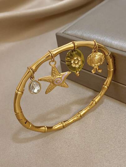 1 pieza Colgante de estrella de mar, pulsera de delfín de bambú de varias capas, pulsera de acero inoxidable color oro para mujer, adecuada para uso diario, fiesta, Día de San Valentín, boda, festival de música, regalo del Día de la Madre