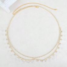 1 chiếc dây chuyền đeo eo kiểu Pháp sang trọng với mặt dây chuyền tua rua đính ngọc trai giả dành cho nữ. - Hai lớp-vàng - Xem 2