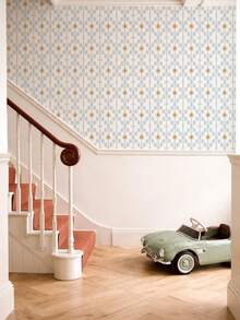 蓝色和米色复古中世纪自粘壁纸，几何星形图案中性北欧风格墙贴，复古现代设计 - A - 查看 3