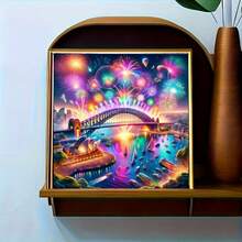 5D Diamond Painting "Happy New Year" - Seascape With Bridge, Boat, And Fireworks, New Year Wall Art Design, DIY Handmade Gift, Suitable For Enthusiasts, Frameless Creative Diamond Painting - round diamond - View 5