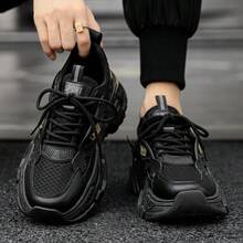 多功能厚底男士滑板鞋运动鞋，透气网面鞋面，PU/橡胶鞋底，系带休闲运动鞋，蓝色装饰，非常适合休闲穿着，百搭鞋履配件 - 黑色 - 查看 7