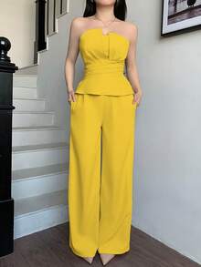 abyoxi Conjunto de 2 piezas de top de tirantes con volantes amarillo y pantalones de pierna ancha para mujer, elegante y de moda, adecuado para la oficina, el transporte, el estilo retro, fiestas, citas, el Día de San Valentín, primavera/verano - Mostaza Amarilla - Ver 3