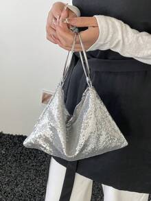 1pc Metal Hoop Sequin Handbag, Fashionable Women's Evening Clutch - Silver - View 8
