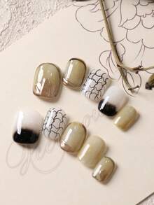 10 piezas de uñas postizas con líneas blancas y negras con efecto de halo, suministros de uñas postizas, uñas falsas cortas para uso diario en la oficina, kit de uñas artificiales que incluye 1 hoja de pegatinas adhesivas y 1 lima pequeña - Multicolor - Ver 2
