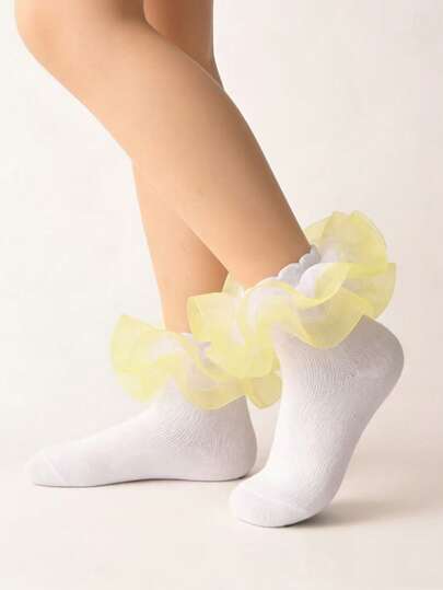 1 Pair Girls/Kids Ruched Hem Socks, Daily Wear Princess Baby Pleated Lace Trim Socks