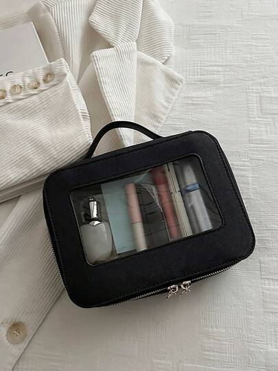 1个绗缝拉链PU撞色迷你方袋，新款透明塑料果冻袋礼品袋，化妆包，时尚大容量防水收纳袋，多功能洗漱包，健身包，简约拼接手提包，适合女性日常使用