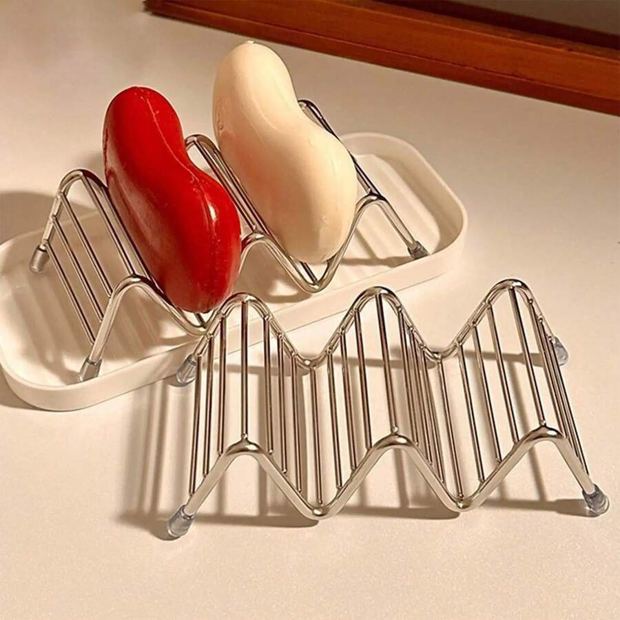 1pc Stainless Steel Soap Dish With Tray, Wavy Multi-Function Bathroom Storage Rack, Soap Holder - Soap Dish - View 1