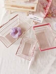 3pcs/1 Mini Shopping Basket Bin With Portable Handle, Cute Girly Solid Color Organizer For Stationery, Cosmetics & Small Daily Items, Ideal For Teen Girls, Perfect Back To School, Dorm Bedroom Storage - Multicolor - View 6