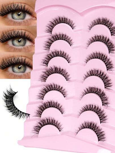 7 Pairs Natural Cat Eye Lashes, Thick & Long, 3D Lashes, Reusable, Soft & Lightweight, Mink-Like Lash Strips For Alluring Eye Makeup