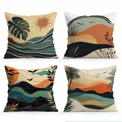 4pcs Bohemian Summer Theme Single-Sided Printed Throw Pillow Covers, Decorative Pillow Cases Suitable For Living Room Sofa Bedroom, Pillow Inserts Not Included