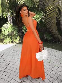 AIJ AmariloSexy Boho Casual Long Dress Featuring A Sleeveless Design With Spaghetti Straps And Backless Details Perfect For Summer Parties - Orange - View 2