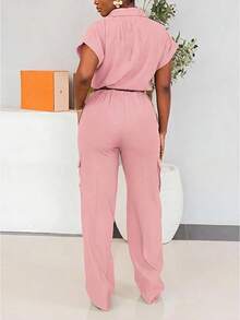 CALEBGAR Women's Cargo 2-Piece Set - Short Sleeve Button Crop Top & Wide Leg Pants |   Casual Tracksuit |   Streetwear Loungewear - Hồng - Xem 2