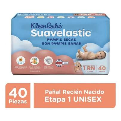 Pañales Kleenbebé Suavelastic Etapa 1 RN 40 Piezas | Recién Nacido 2.5-5.5kg, Hipoalergénico, Block-Gel Absorbente, Sin Látex/Parabenos, Unisex