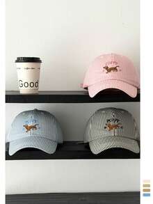 1pc Soft Top Striped Dog Baseball Cap, Cute Striped Small Dog Baseball Hat, Fashionable Soft Top Brimmed Hat For Women, Spring - Brown Dog - View 2