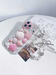 1个粉色贝壳印花海洋元素加厚高透明防摔手机壳，搭配金属蝴蝶结珍珠挂绳，适合自用或送礼，兼容苹果 11/12/13/14/15 Pro Max，三星Galaxy A04/A05/A13/A14/A15/A24/A25/A35/A54/A55/S23/S24 - 彩色 - 查看 5