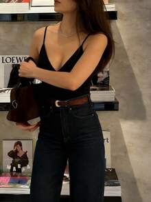 最新時尚黑色休閒細肩帶上衣 優雅風格 適合女性 節慶海灘鄉村風 夏季穿搭 - 黑色 - 查看 4