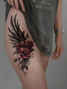 2pcs Fashionable Cool Temporary Tattoo Stickers, Couple Tattoo, Black Fake Tattoo, One-Time Use Tattoo, Wing, Rose, Flower Pattern, Waterproof, Non-Reflective, Easy To Apply And Remove, Highly Realistic, Suitable For Men Or Women On Chest, Leg, Arm, Waist, Abdomen, Foot, Music Festival Party Supplies,Sketch Style - Black - View 4