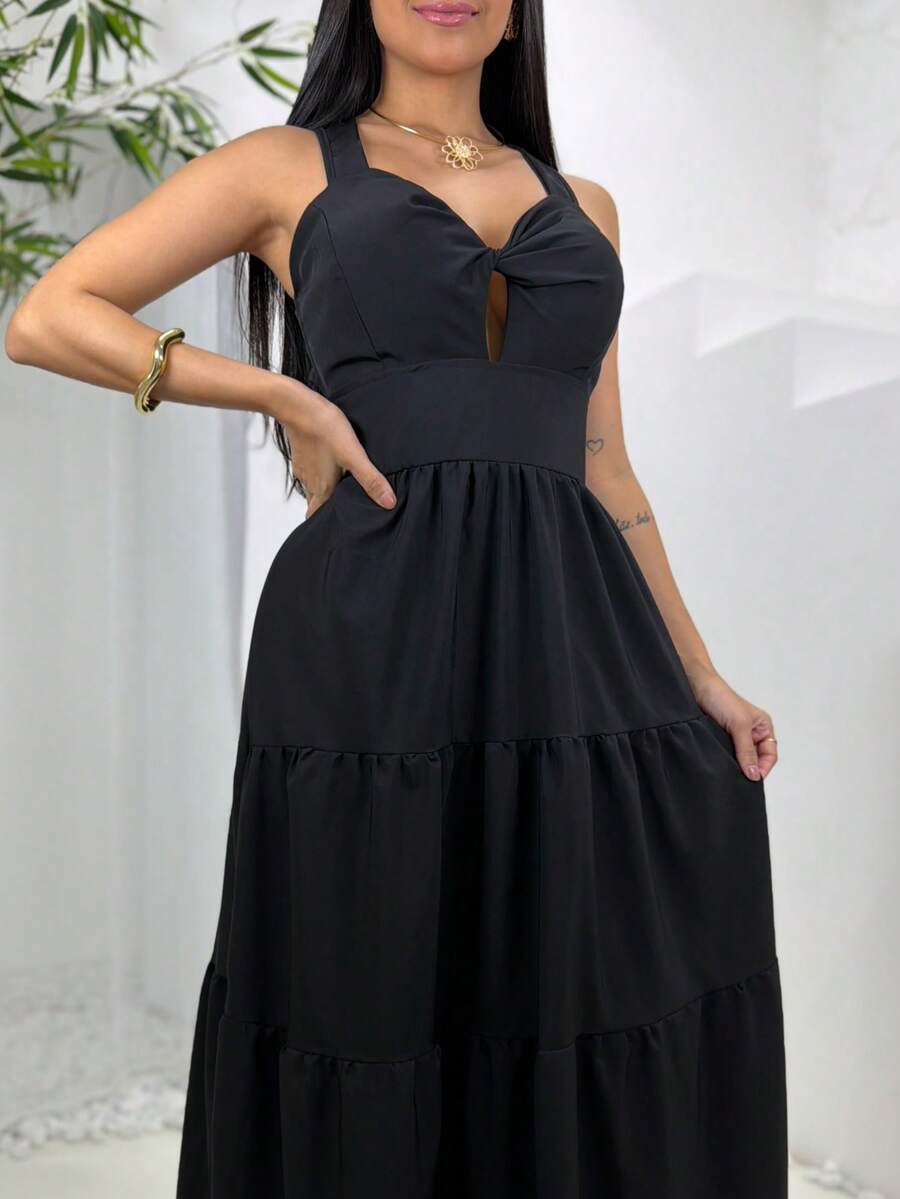 Women's Long Dress With Butterfly Knot - 純黑色 - 查看 1