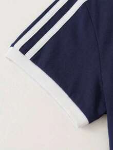 女士休闲撞色侧条纹T恤，学院风日常短袖，夏季拼接简约字母数字印花修身圆领上衣 - 藏蓝色 - 查看 4