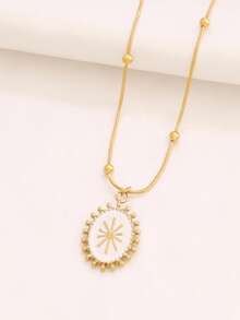1pc Stainless Steel Enamel Sun Pendant Necklace, Women's Fashion Minimalist Pearl Chain Necklace - Necklace - View 9