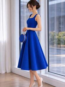Women's Midi Dress With Square Neckline And Defined Waist - Xanh đậm - Xem 2