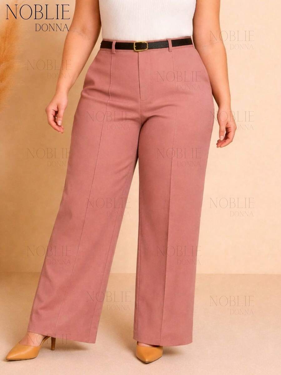 Plus Size Tailored Elegant Casual Wide-Leg Pants With Zipper And Button Closure And Belt - Cá hồi - Xem 1