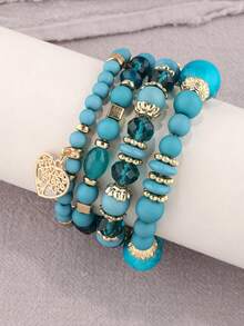 Set de 4 pulseras con cuentas de cristal multicapa y colgante de corazón, estilo bohemio, para mujeres - Celeste - Ver 10