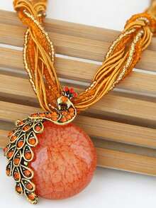 1pc Fashionable Peacock Pendant Necklace, Boho Style Tassel Retro Necklace With Beads For Women - Green - View 11