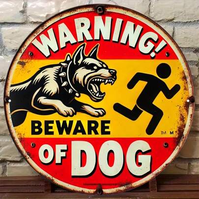 2D平面复古“小心恶犬”金属警示牌 - 重型铁质防护板，饰有凶猛恶犬图案，复古警示装饰 - 8x8英寸（20x20厘米），适用于室内/室外、酒吧、咖啡馆、宠物店 - 预钻孔设计，易于安装 - 送给爱狗人士的完美礼物，2D平面，预钻孔位置如图所示