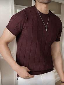 Men's Casual Short-Sleeve Crew Neck Solid Color Knit T-Shirt - Màu Đỏ Sâu - Xem 3