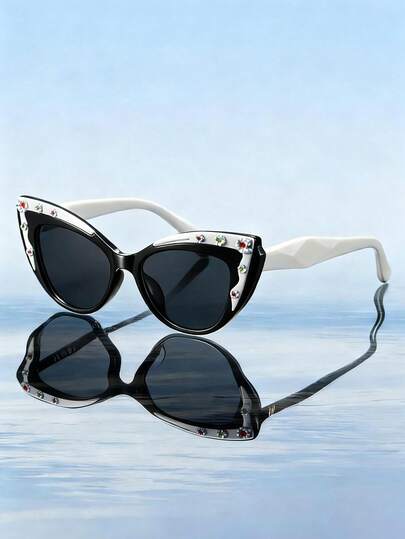 双色双层水钻猫眼太阳镜，女士时尚度假街头风T台派对装饰太阳镜