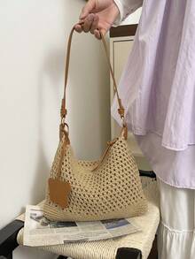 1个（11.0英寸*9.5英寸*0.8英寸）时尚女士单肩包、斜挎包、单肩包，新月形编织草编沙滩包，适合购物、约会、聚会、通勤，可作为礼物送给家人、朋友、女朋友，优雅简约休闲卡其色女士单肩包 - 卡其色 - 查看 5