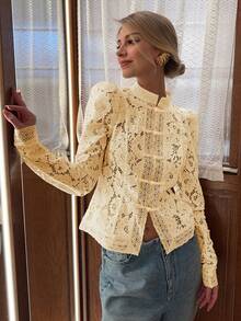 Spring/Autumn Women's Elegant White Floral Lace Blouse With Stand Collar, Fitted Design, Puff Sleeves, Lace Hollow-Out Button Details, Graceful Layering Top - Apricot - View 3