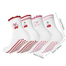 4 Pairs Women's Pilates Grip Socks, Cute Ruffle Design, Heart-Shaped Non-Slip Dots, Suitable For Yoga, Fitness, Hospital - Multicolor - View 2