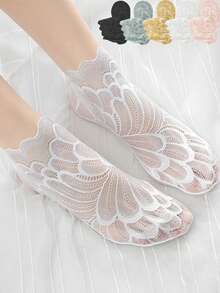 1/5/10 pares de calcetines de verano invisibles para mujer con patrón de encaje y plumas, antideslizantes, ultradelgados y cómodos, transparentes - Multicolor - Ver 2