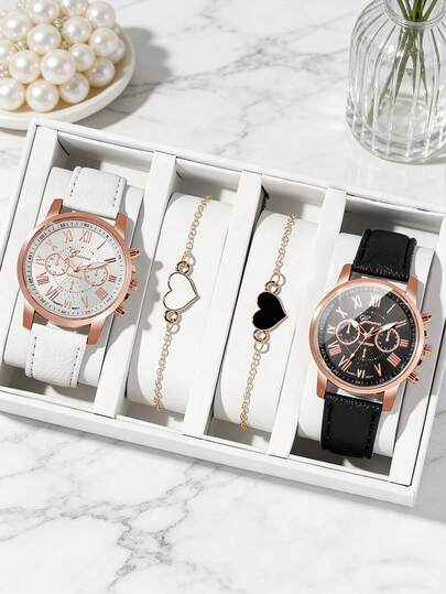 Bộ 4 món đồng hồ và vòng tay nữ phối màu ngọt ngào và cá tính, thuộc bộ sưu tập phụ kiện dành cho nữ, gồm đồng hồ thạch anh mặt trắng và mặt đen kết hợp với vòng tay hình trái tim đen trắng.