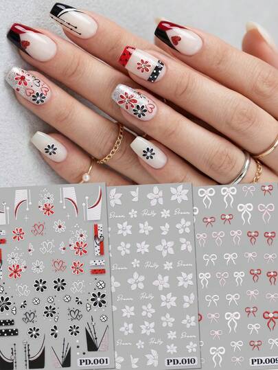 3 piezas Pegatinas de arte de uñas 5D en relieve con lazo francés rojo vintage - Lazo rojo y blanco, pegatinas de manicura francesa con flores de sakura - Día de San Valentín/Temporada de bodas/Fiesta/Decoración de uñas DIY diaria, regalo festivo, DIY, Y2K