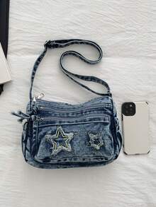 牛仔休闲帆布斜挎包，星形图案单肩包，复古方形包，时尚百搭学生包 - 藍色 - 查看 5