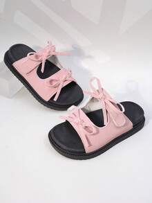 Girls' Beige Suede Bow Slide Sandals, Sweet Open Toe Summer Shoes For Kids - Pink - View 7