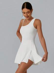 NcmRyu 女士连体不对称肩带侧开衩户外健身跑步瑜伽舞蹈网球高尔夫训练服 - 白色 - 查看 8