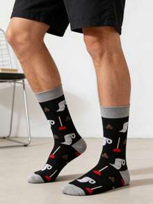 1 双男士黑灰色卫生纸印花图案中筒袜，休闲百搭，适合所有季节 - 彩色 - 查看 2