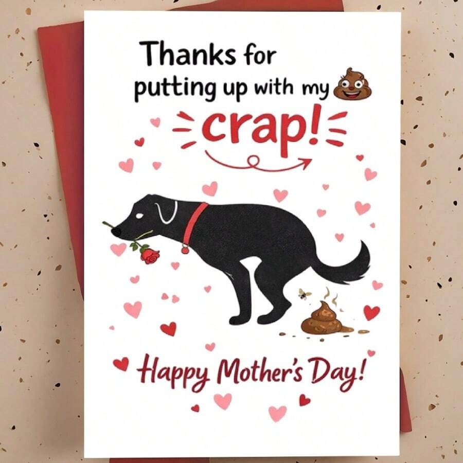 Humorous Mother's Day Card Featuring A Black Dog, "Thanks For Putting Up With My Crap" Message - 13*18 - View 1