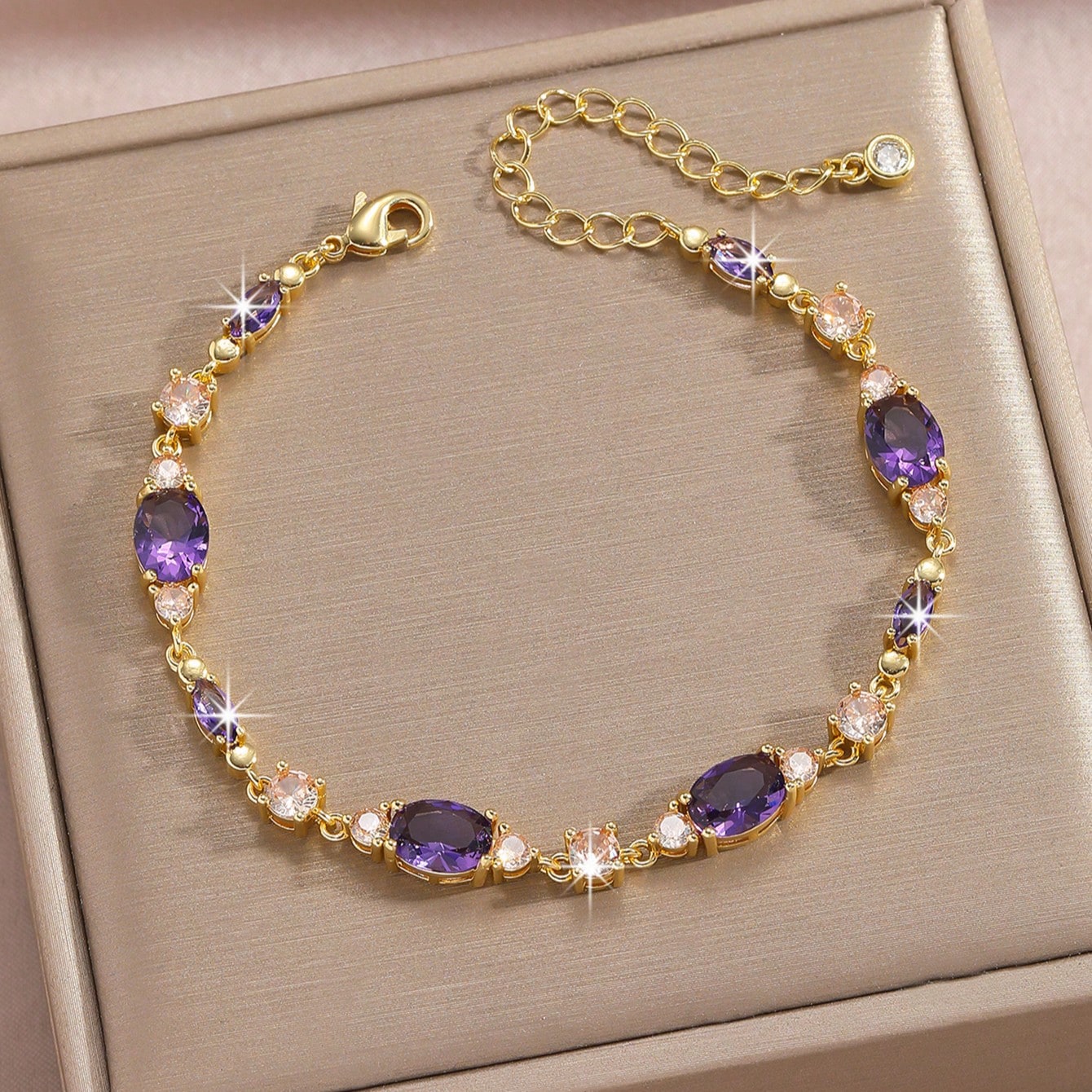 Pieza Brazalete vintage morado con cristal falso y circonita cúbica, brazalete de cadena de lujo de alta gama para mujer, longitud de 16,5 cm con cad