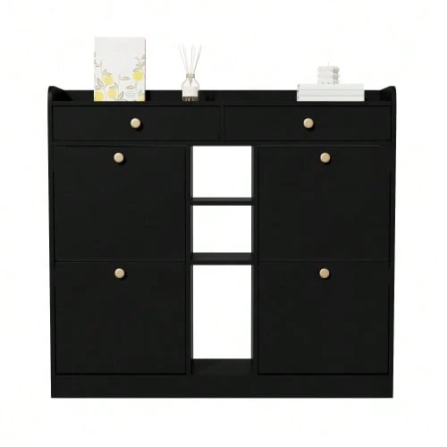Edler weißer Schuhschrank mit 4 Klapptüren, 2 Schubladen, 3 offenen Fächern - perfekt für moderne Flure und Eingangsbereiche, Maße 110 x 26 x 100 cm - Schwarz - Übersicht 1